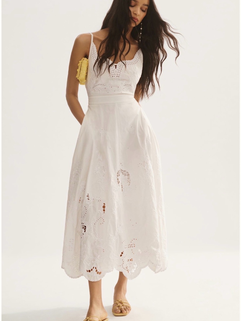 White Eyelet Midi Dress with Spaghetti Straps